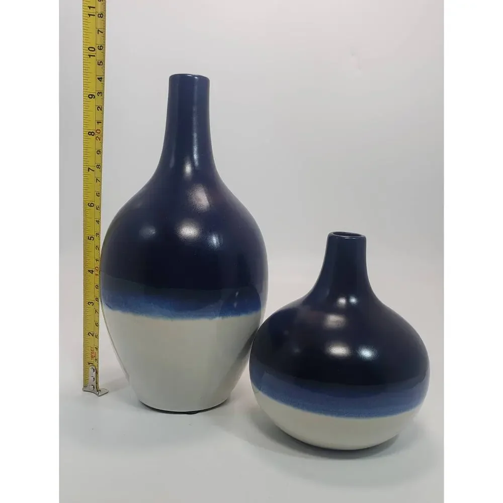 Hand Dipped Blue& White Vases For Decorative Use Only 9-1/2